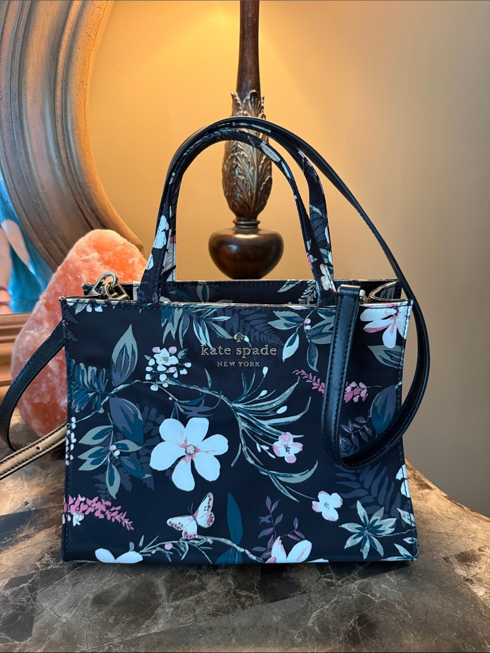 kate spade Black Floral Satchel with Pink & White Blossoms